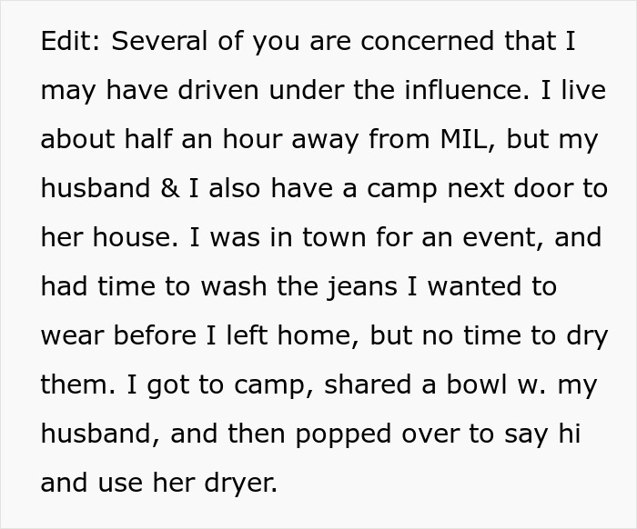 Text about a woman suspecting her MIL of going through her things, including a camp and drying jeans.