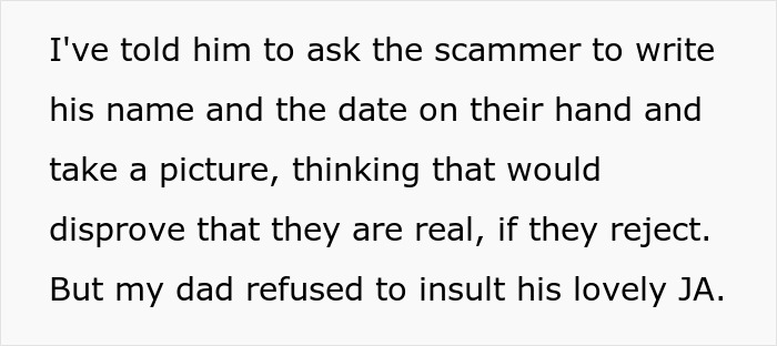 Text message discussing a deepfake scam and an elderly dad's refusal to challenge the scammer's identity. Text message discussing a deepfake scam and an elderly dad's refusal to challenge the scammer's identity.