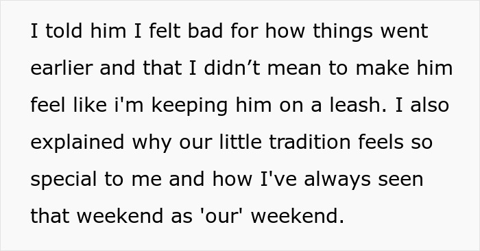 Text describing the importance of a couple's family tradition over new friendships.