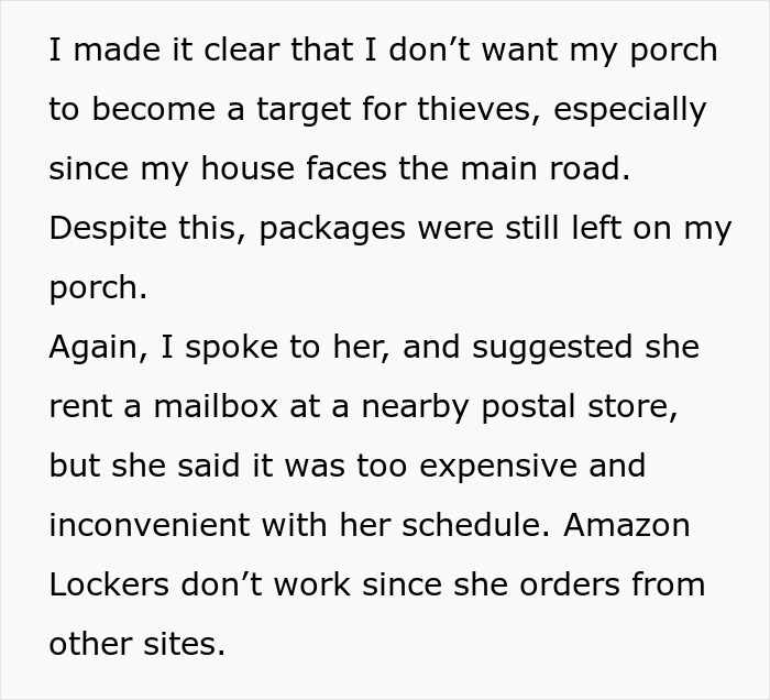 Text about a landlady frustrated with shopaholic tenants leaving packages on the porch despite warnings.