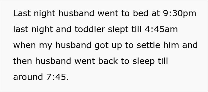 Text describing a husband's sleep schedule with a toddler in the context of a marital argument.