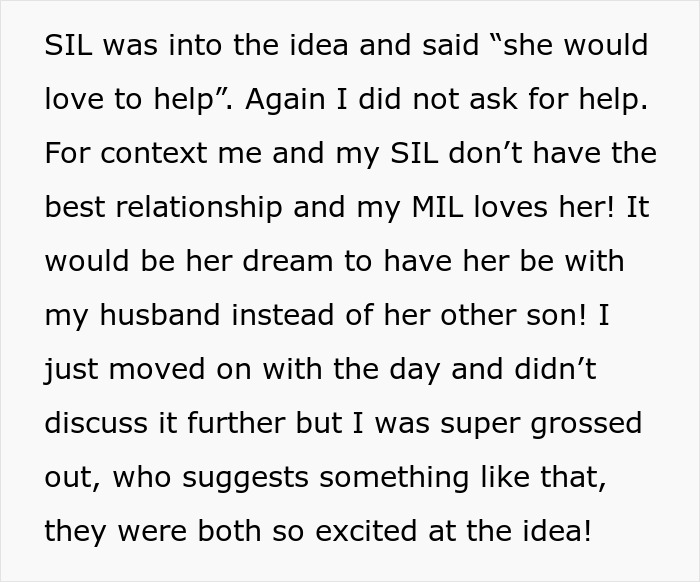 Text about MIL's unexpected plan involving SIL as a surrogate for a future baby, highlighting family dynamics. Text about MIL's unexpected plan involving SIL as a surrogate for a future baby, highlighting family dynamics.