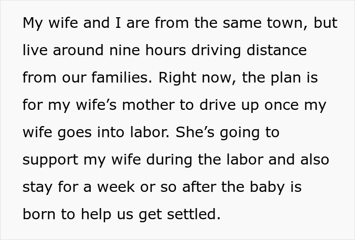Text detailing a plan for a mother-in-law to visit and support during labor and after the baby's birth.