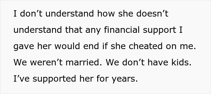 Text expressing disbelief over ending financial support after cheating. Text expressing disbelief over ending financial support after cheating.