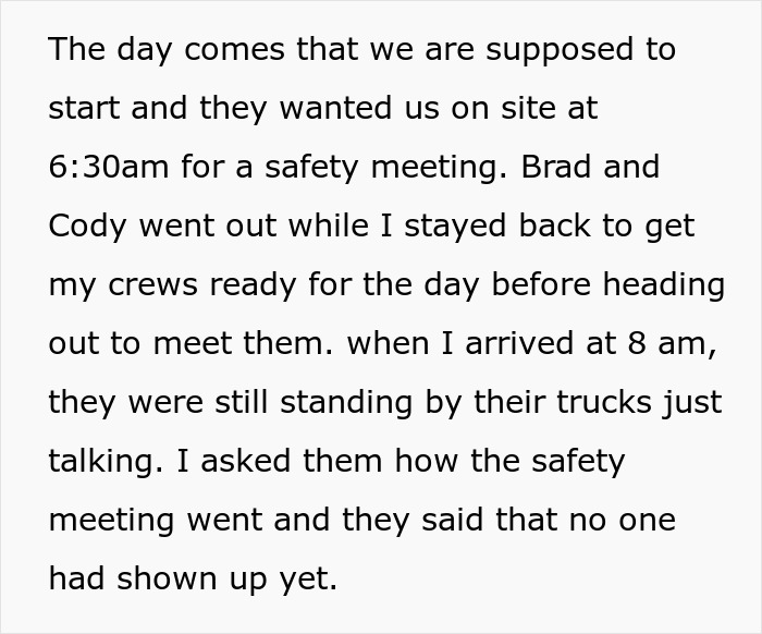 Text describing a story about working too fast and malicious compliance during a safety meeting. Text describing a story about working too fast and malicious compliance during a safety meeting.