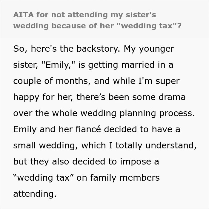 Text about sibling conflict over a bride's "wedding tax" causing planning drama.