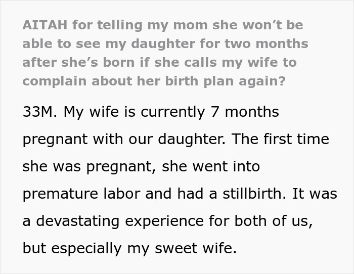 Text discussing a woman's decision regarding her mother-in-law meeting the baby due to birth plan disagreements.
