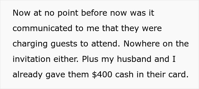 Text expressing surprise over unexpected $115 charge for attending brother's wedding, despite gifting $400 cash.