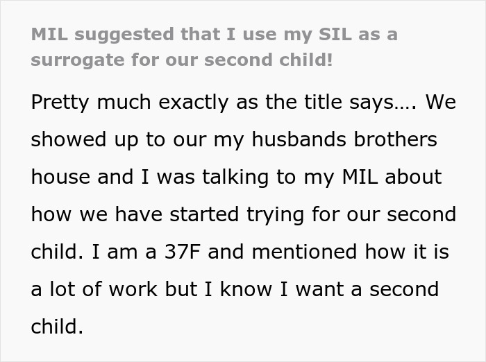 Text conversation about MIL's plan for SIL to be a surrogate for a second child. Text conversation about MIL's plan for SIL to be a surrogate for a second child.