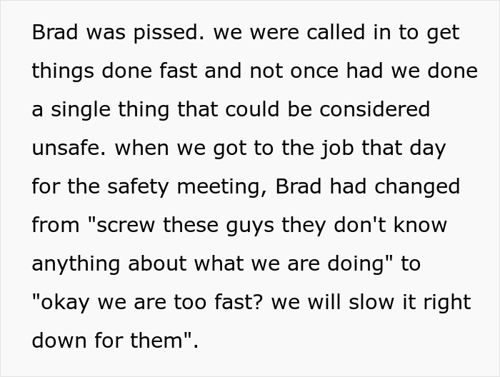 Text excerpt discussing working too fast and malicious compliance in a safety meeting. Text excerpt discussing working too fast and malicious compliance in a safety meeting.