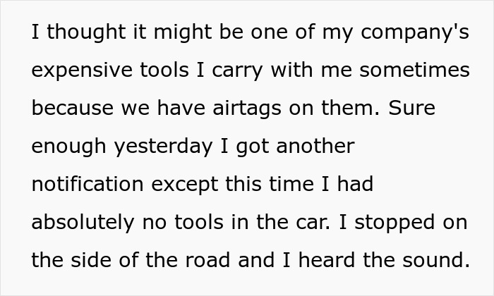 Text message discussing AirTag notifications and tools, possibly hinting at divorce-related tracking by an ex-father-in-law. Text message discussing AirTag notifications and tools, possibly hinting at divorce-related tracking by an ex-father-in-law.