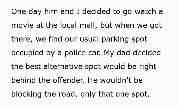 Text describing a police car parked in a handicapped spot at a local mall.