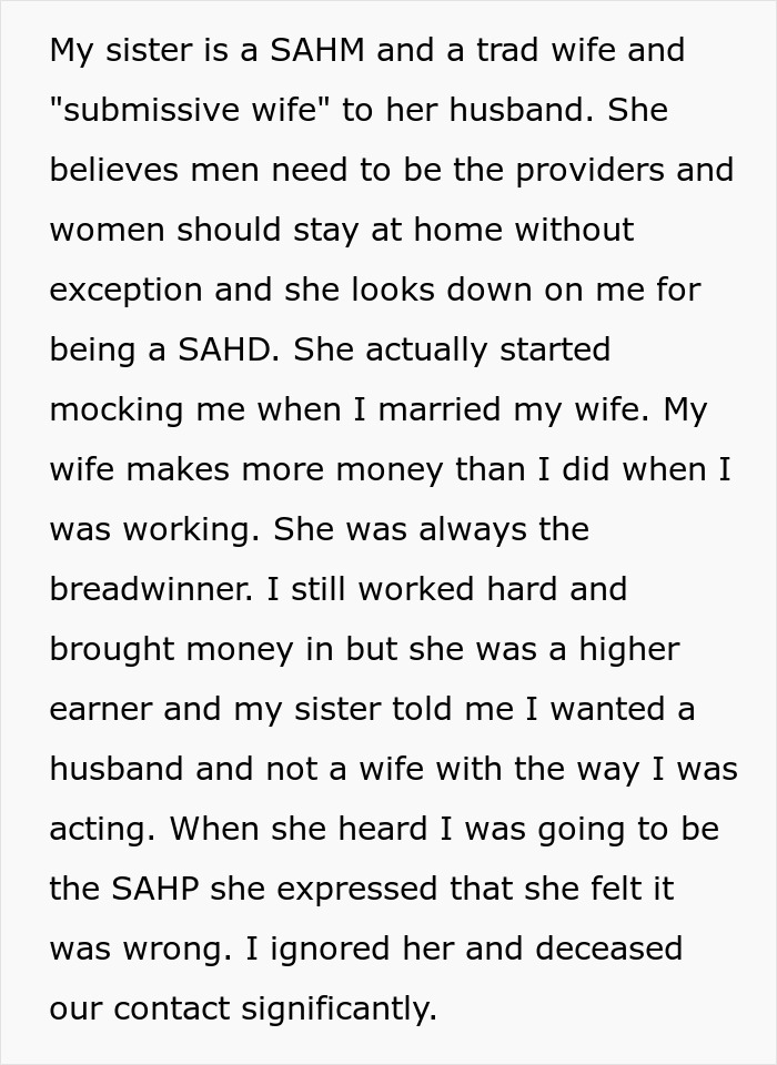 Text conversation showing sibling disagreement over traditional gender roles and stay-at-home parenting. Text conversation showing sibling disagreement over traditional gender roles and stay-at-home parenting.
