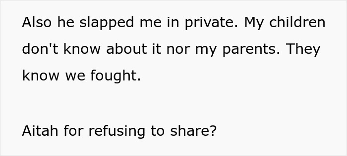 Text discussing a private conflict and questioning refusal to share college funds with stepchildren.
