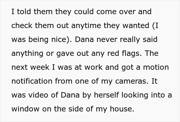 Text describing a motion notification, new resident Dana looking into a side window.