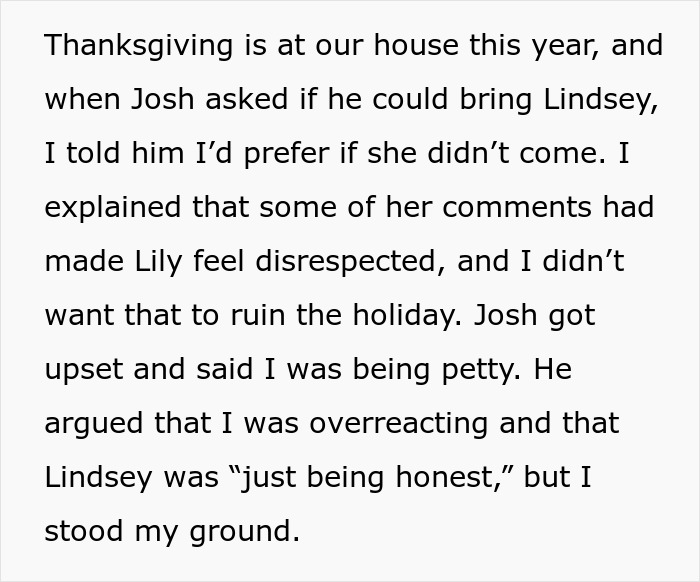 Text conversation about uninviting brother&rsquo;s girlfriend from Thanksgiving dinner due to perceived rudeness.