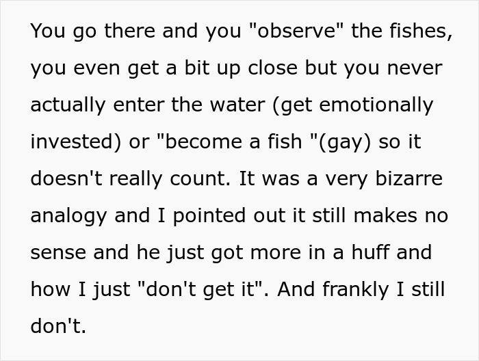 Text explaining a husband's gaycation analogy using fish observation to describe emotional investment.