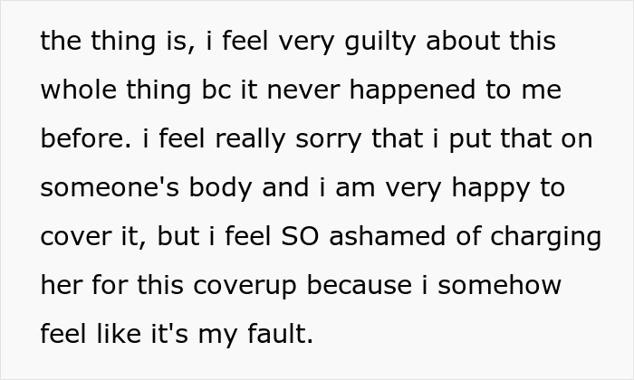 Apology message from tattoo artist expressing guilt over a failed tattoo, feeling responsible for needing a cover-up.