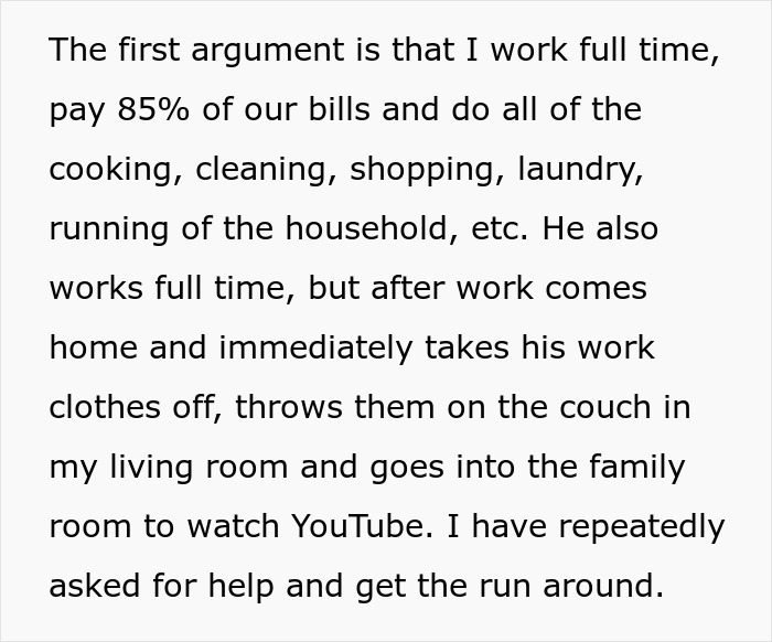 Text discussing a husband's attempted manipulation and his partner's household responsibilities and frustration.