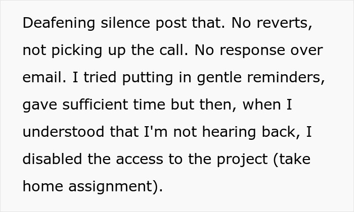 Text message recounting recruiter regrets ghosting candidate, leading to restricted access to assignment.