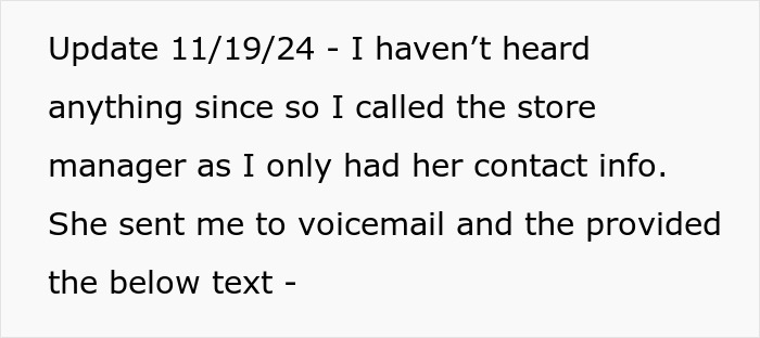 Text message discussing a stealth tip given by a cashier, with an update and reference to a store manager.