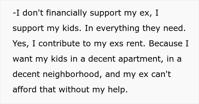 Text from husband explaining his financial support for his kids, helping with his ex's rent for a better living situation.