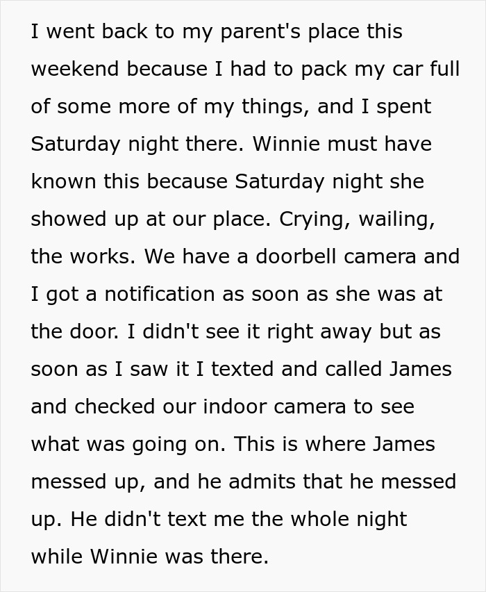 Text about a weekend trip, doorbell alert, and a boyfriend's ex visiting. Text about a weekend trip, doorbell alert, and a boyfriend's ex visiting.