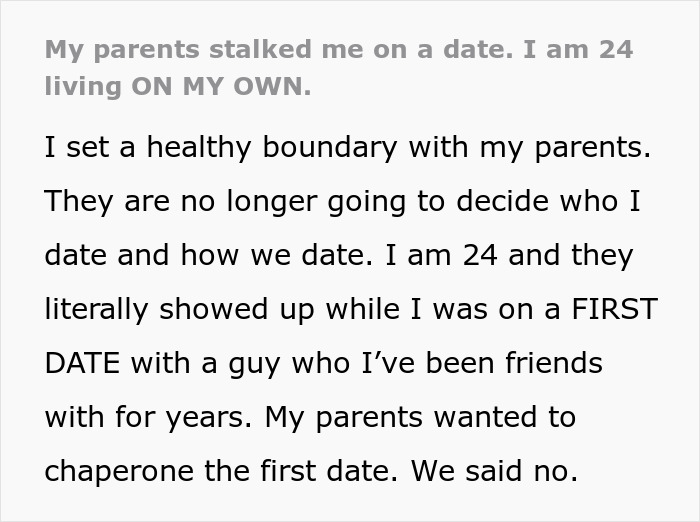 Text about setting boundaries with parents who appeared uninvited on a date. Text about setting boundaries with parents who appeared uninvited on a date.