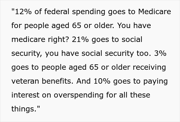 Text discussing Medicare, Social Security, veteran benefits, and federal spending percentages related to financial facts.