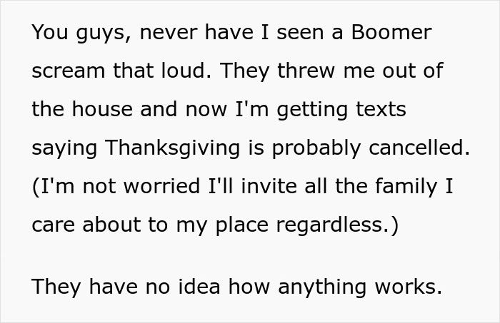 Boomer frustrated about "free money," leading to family tension and holiday cancellation.