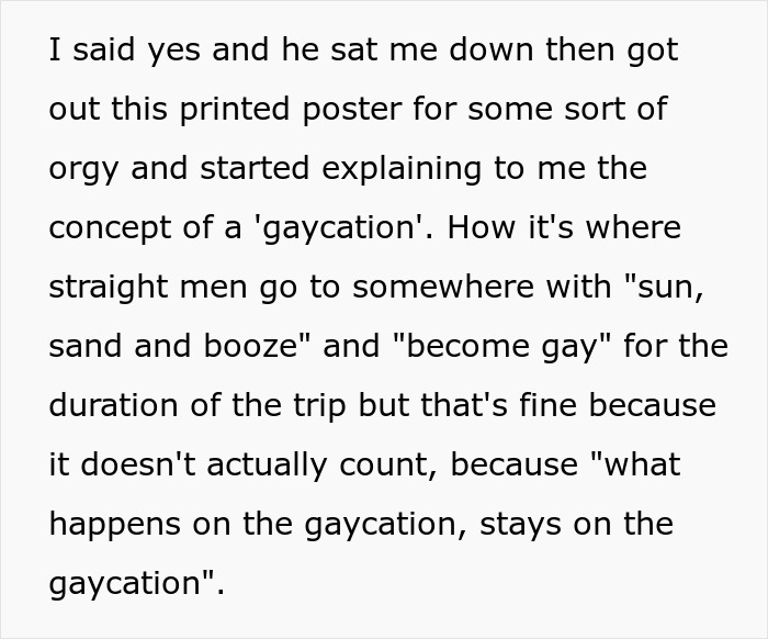 Text discussing the concept of a "gaycation," where experiences don't count afterward.