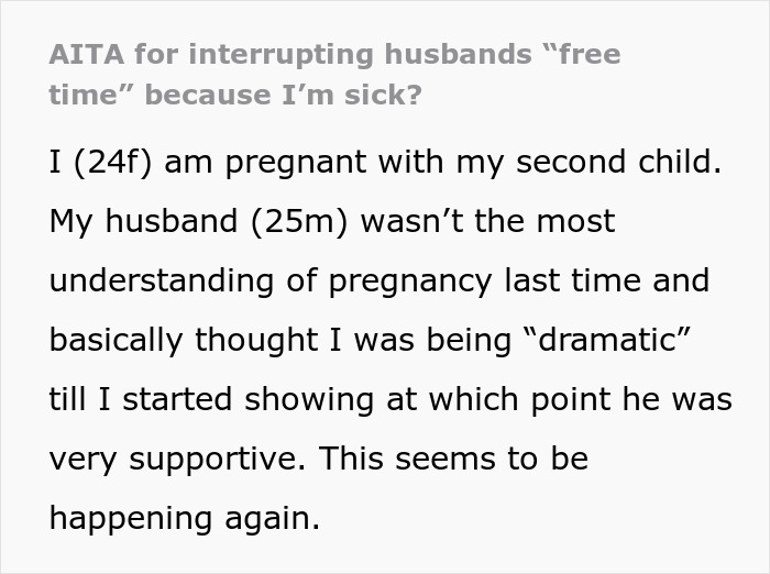 Text of a pregnant woman's concern about husband's reaction to her illness while caring for their toddler.
