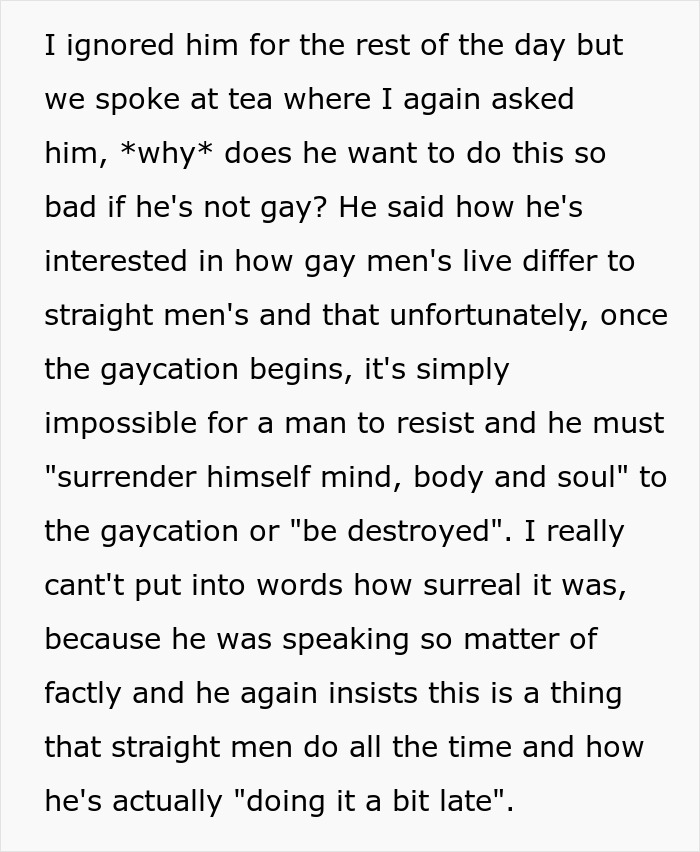 Image of text discussing a husband's reasoning for wanting to experience a gaycation.