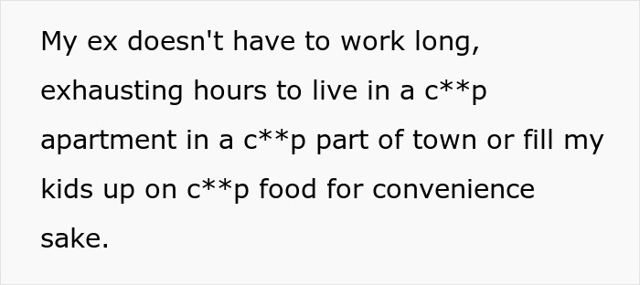 Text expressing frustration over financial support to ex-wife for children's well-being.