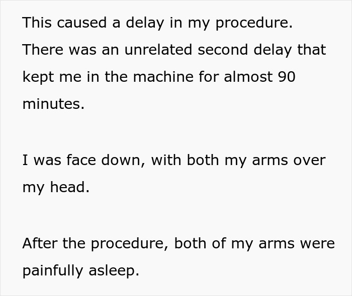 Text about procedure delays and arm discomfort; related to spider tattoo incident.