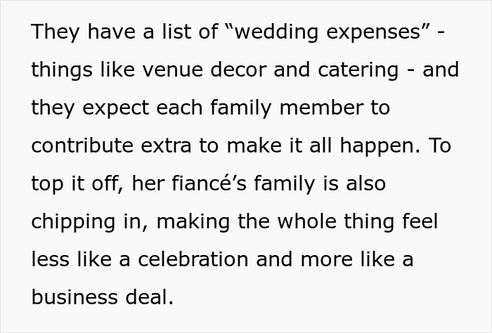 Text image describing wedding expenses and family contributions, making the event feel like a business deal.
