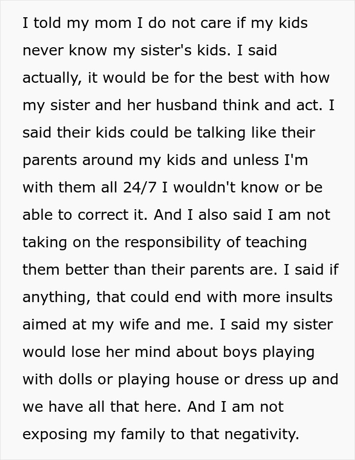 Text discussing brother refusing to babysit sister's kids due to her judgmental comments. Text discussing brother refusing to babysit sister's kids due to her judgmental comments.