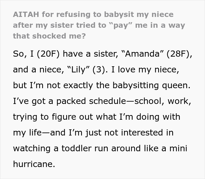 Sis Accuses Woman Of “Ruining Family Bonds” Because She Won’t Babysit Niece For A $25 Coupon Sis Accuses Woman Of “Ruining Family Bonds” Because She Won’t Babysit Niece For A $25 Coupon