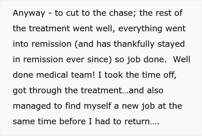 Ill employee discusses successful remission and finding new job after boss comments on chemotherapy. Ill employee discusses successful remission and finding new job after boss comments on chemotherapy.