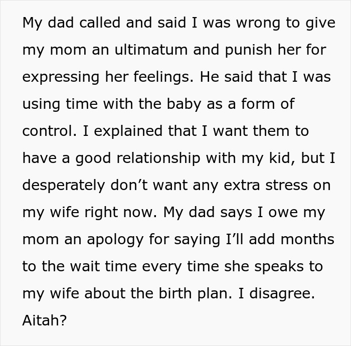 Text discussing a family conflict over time spent with a baby, focusing on stress and relationships.