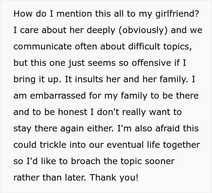 Text discussing a boyfriend's dilemma on how to tell his girlfriend about living in a filthy environment. Text discussing a boyfriend's dilemma on how to tell his girlfriend about living in a filthy environment.
