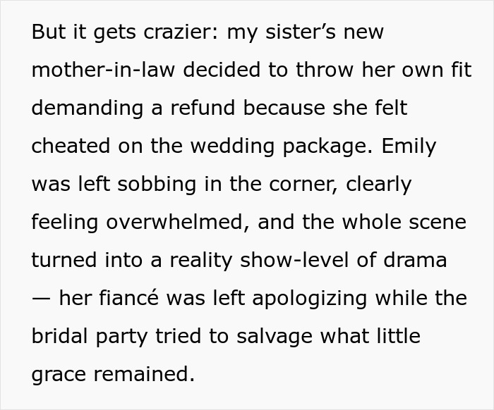 Text describing a chaotic scene at a wedding with a bride&rsquo;s tax causing drama and refund demands.