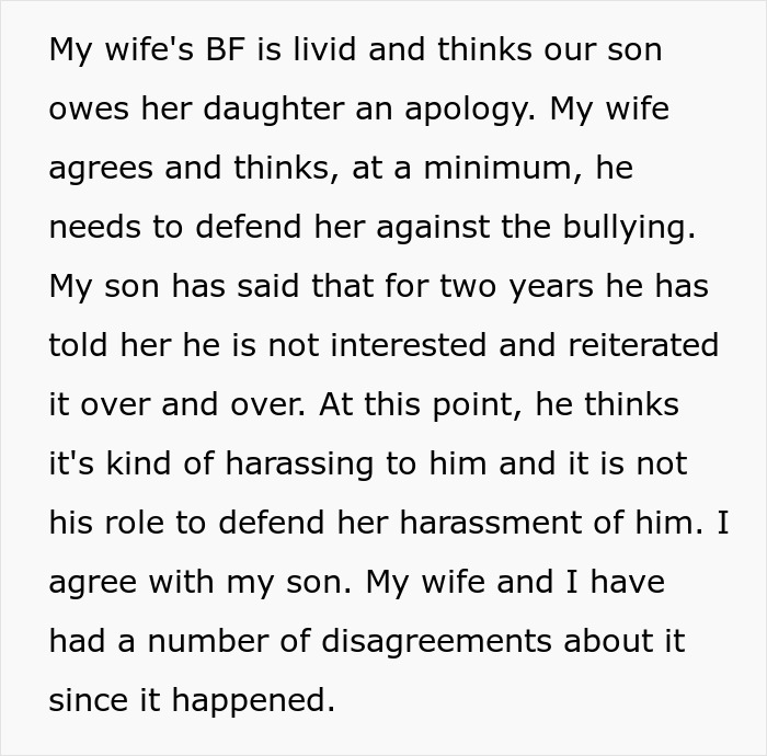 Text about family drama over son's disinterest in a family friend's daughter.