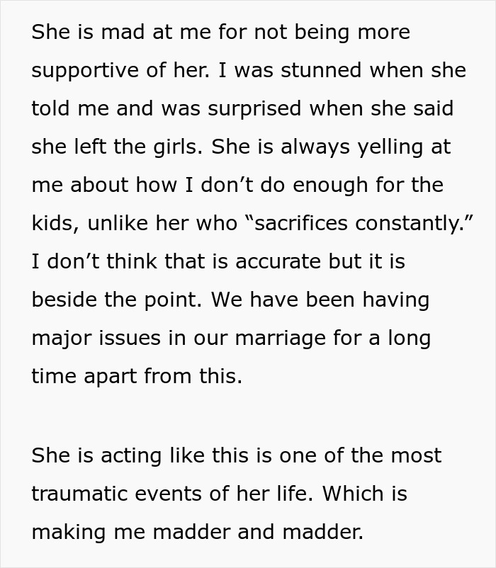 Text message about a wife's reaction to a surprise, neglecting twin babies, and marital issues.