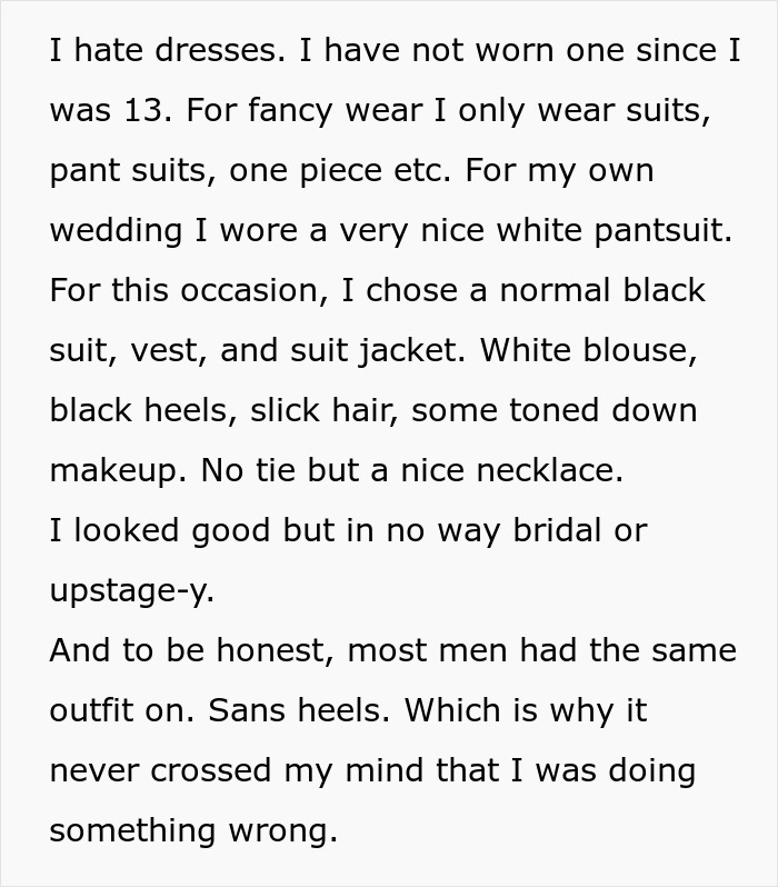 Text snippet discussing wearing a pantsuit as wedding guest attire, expressing fashion preferences and outfit details.