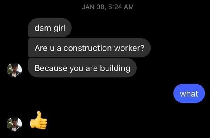 Awkward text message with a construction worker joke and confused reply.