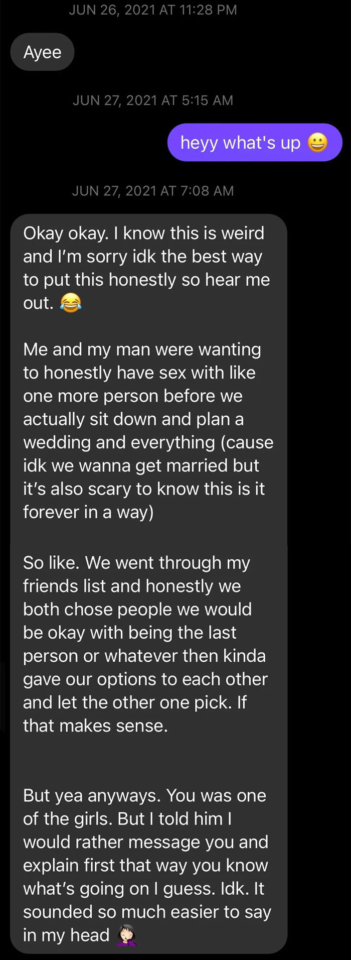 Throwback To When A Random Girl From Middle School Messaged Me This "Idea" She And Her Boyfriend Came Up With