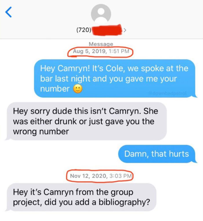 Awkward text messages exchanged, with humorous misunderstanding about identity and a follow-up group project inquiry.