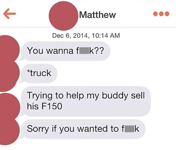 Awkward text message exchange with a humorous misunderstanding about selling a truck.