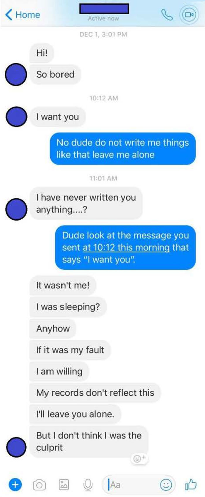 Awkward text exchange: initial interest, denial, and confusion over an "I want you" message.